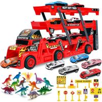 Camion Transporteur de Voitures avec 6 Mini Voitures en Métal 12 Dinosaure Jouet de Camion pour Enfant Garçons Filles - Rouge