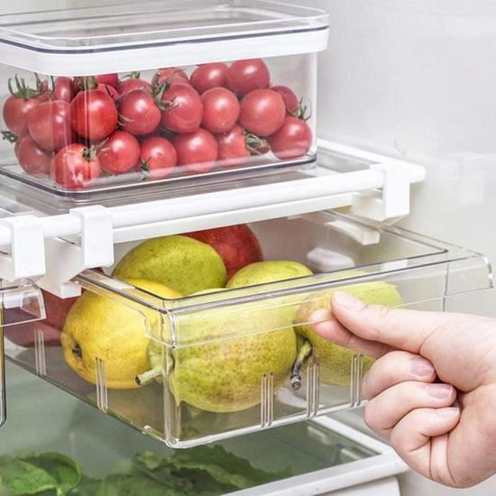 CAREDGO Organisateur Réfrigérateur Transparent - Tiroir Rangement Frigo Réglable 30-44cm - Bac Fruit Légume
