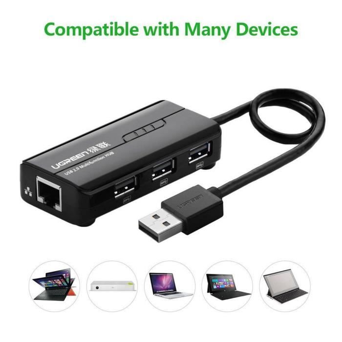 UGREEN 3-Port Hub USB 2.0 LAN Ethernet 100Mbps RJ45 Adaptateur réseau pour PC_poi272
