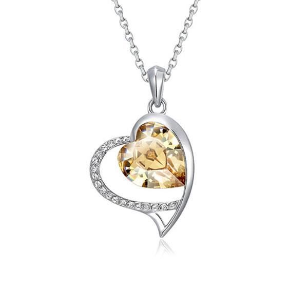 Pendentif Grand Coeur en Cristal de Swarovski Elements Champagne et Plaqué Rhodium