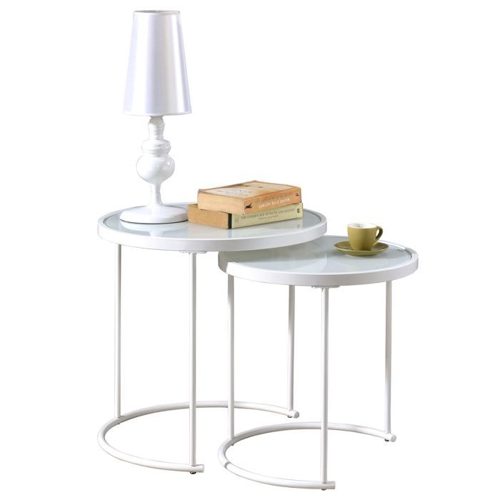 Lot de 2 tables d'appoint LEYRE tables basses gigognes, tables à café design industriel, plateau rond en verre et cadre métal, blanc