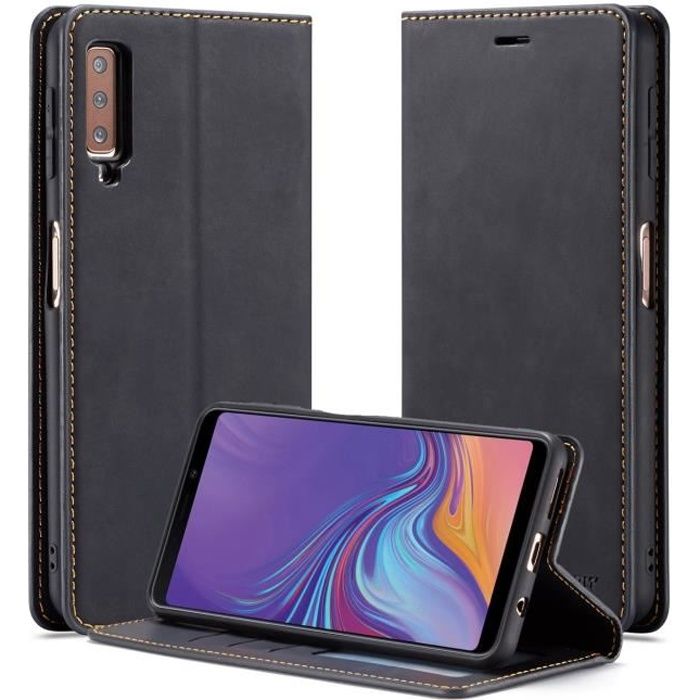 Coque Samsung Galaxy A7 (2018), Housse en Cuir Folio Flip Portefeuille Étui Anti-Choc avec Stand et Fentes de Carte Case -Noir