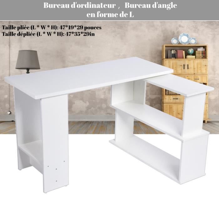 Bureau D'angle Rotatif à 360° - Station de travail en Bois en Forme de L avec étagère de rangement blanc L04076