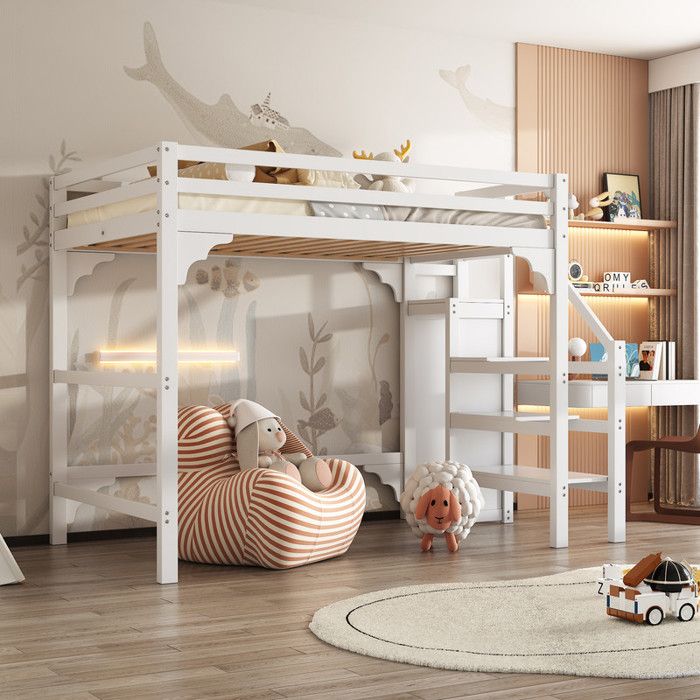 MODERNLUXE Lit mezzanine 140x200cm avec marches penderie rangements blanc MODERNLUXE Lit mezzanine 140x200cm avec marches penderie rangements blanc