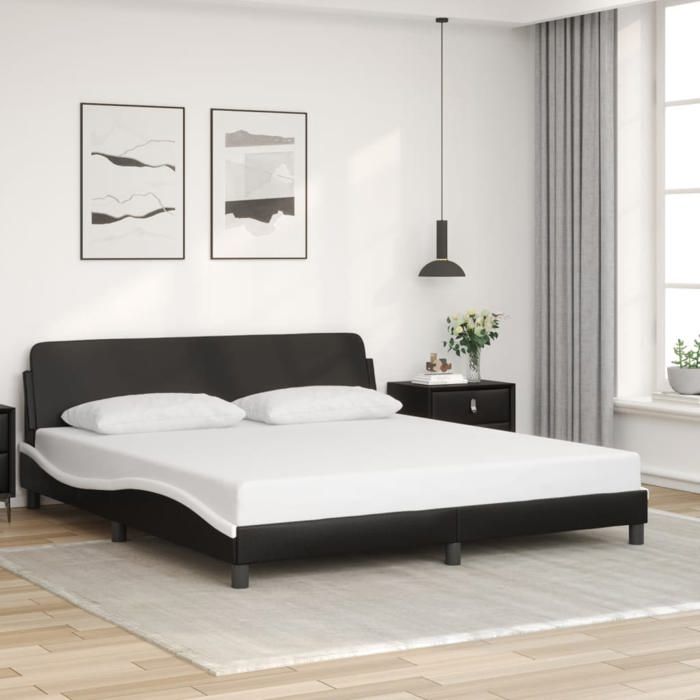 vidaXL Cadre de Lit et Tête de Lit Lit Rembourré avec Sommier à Lattes Lit Double avec Pied Chambre à Coucher Noir et 373243