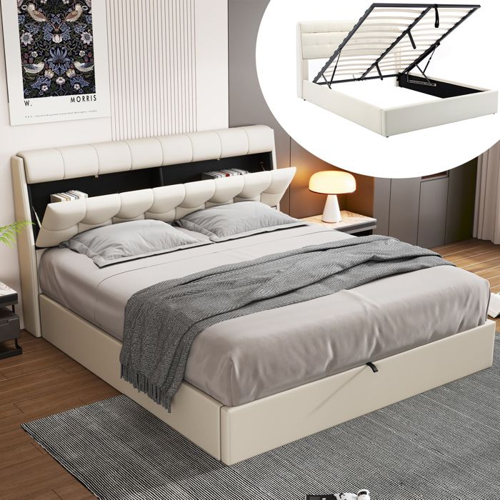 Lit coffre 160x200 cm - en similicuir - tête de lit avec rangement - style moderne - Blanc