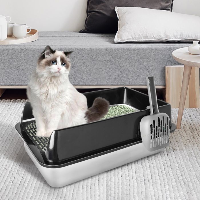 Comparer les prix de JEOBEST Maison pour Chat XXL Sans Couvercle, Grande Capacité, Bac à Litière Semi-Fermé en Acier Inoxydable avec Pelle, Noir