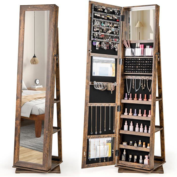 3 en 1 Armoire à Bijoux Pivotante à 360° COSTWAY 2 Miroirs 3 Boîtes de Rangement en Acrylique 2 Poches Zippées Marron Rustique