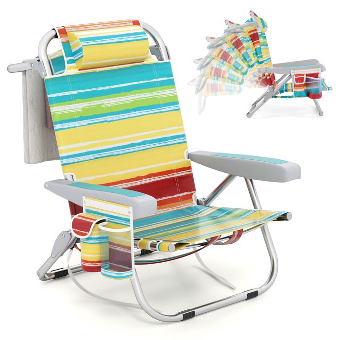 COSTWAY Chaise de Camping Pliable 5 Positions Réglables Appui-Tête Poches Latérales Porte-Serviettes Chaise de Plage Coloré