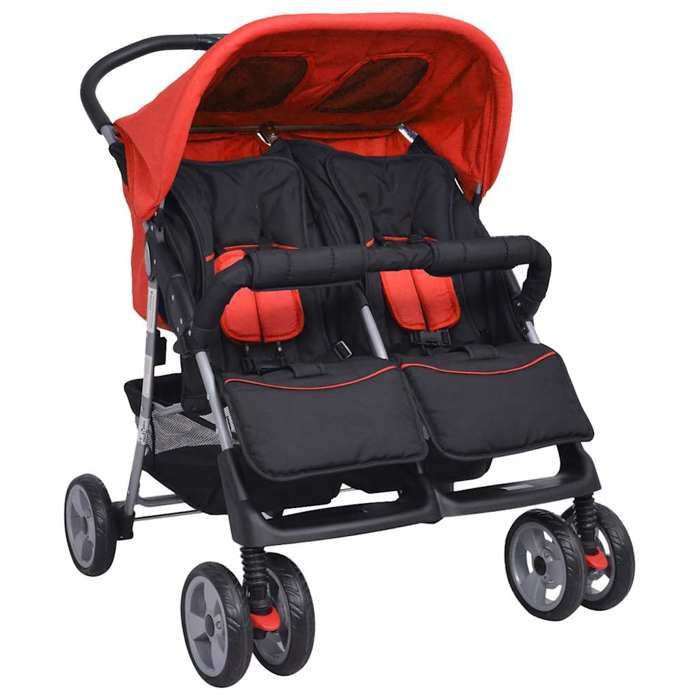 Poussette double - vidaXL - Acier - Rouge et noir - Dossier réglable - Roues verrouillables