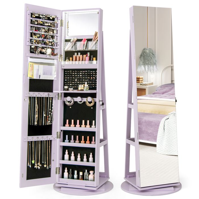 3 en 1 Armoire à Bijoux sur Pieds COSTWAY Pivotante à 360° Lumières LED 3 Couleurs Verrouillable Rangement Arrière Violet