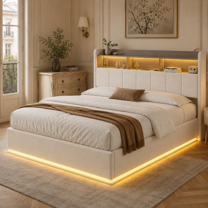 Lit Coffre 140x200 Lit Rembourré Led Hydraulique Lit Capitonné Lit Double avec Rangement avec Tete De Lit et Sommier à Lattes
