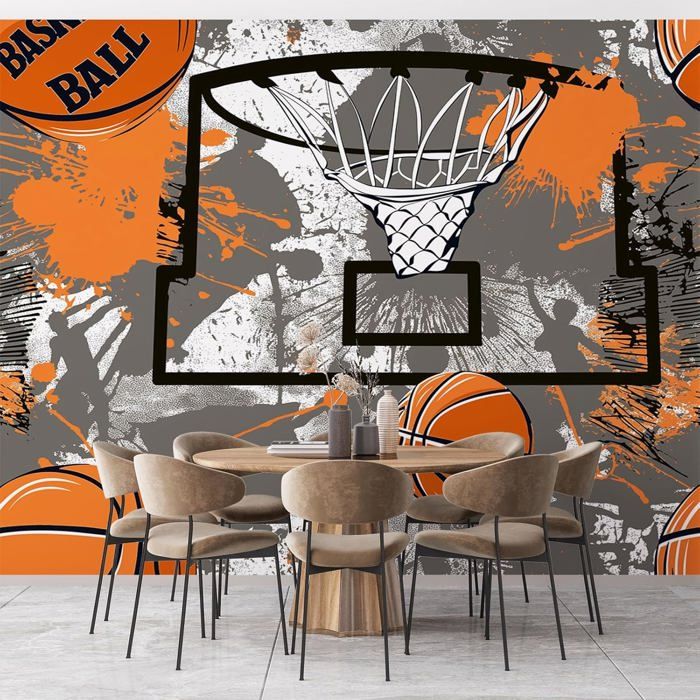Papier Peint Style de Jeu Sportif Basket Ball Papier Peint Fresque Murale Orange et Gris pour Chambre 350x256cm Décoration Murale