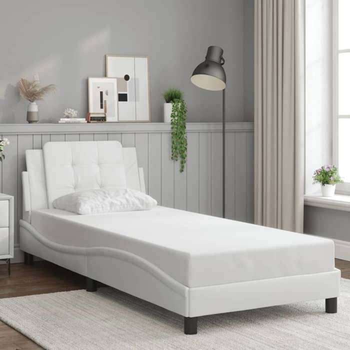 Cadre de lit en similicuir - UU - 90x200 cm - Blanc - Similicuir - Tête de lit incluse - Coussin rembourré