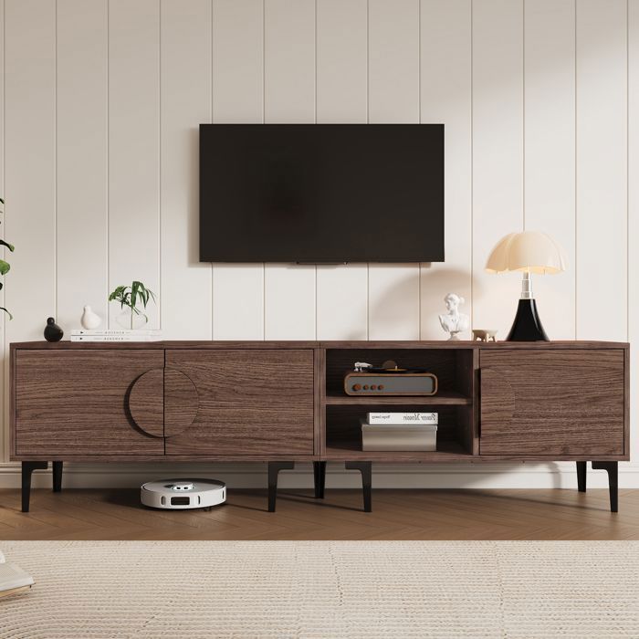 Meuble TV pour salon 180cm meuble bas trois portes étagères ouvertes finition noyer foncé adapté aux téléviseurs de 80 pouces
