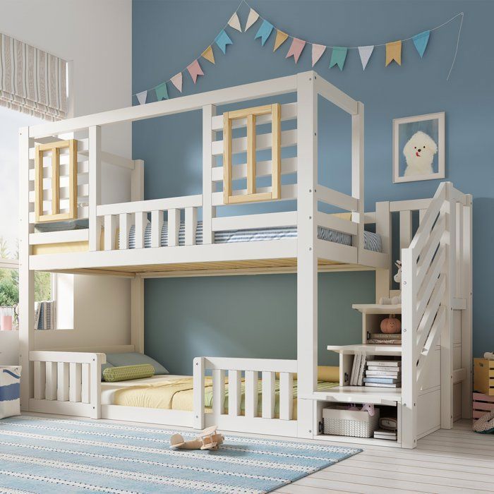 Lit Superposé 90x200 avec Tiroirs - Lit Enfant avec Escalier de Rangement Étagères et Garde-Corps 2 Places Sécurité EN 747 Bois