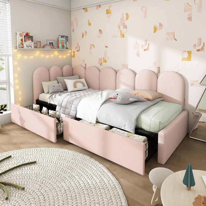 Lit simple - Becag - Lit enfant rembourré 90x200cm avec 2 tiroirs - Lit dadolescent avec sommier à lattes Velours Rose