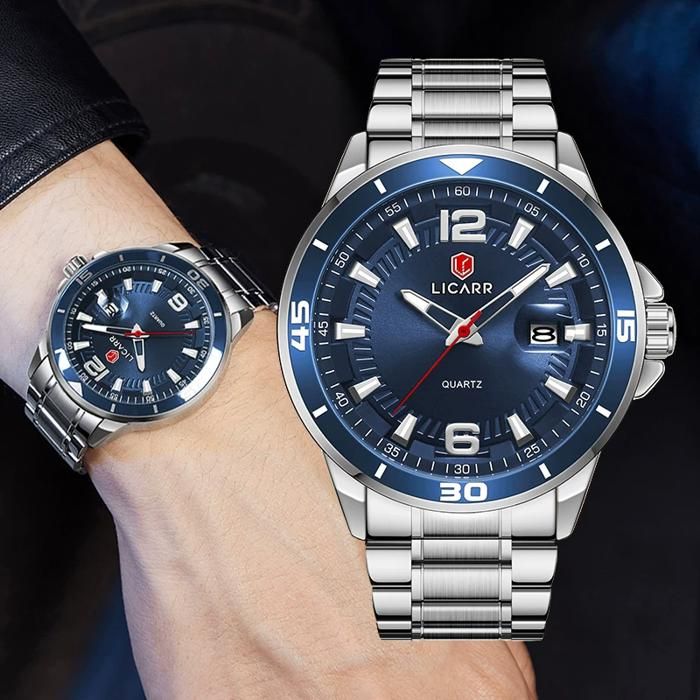 LICARR - Marque - Classique - Montre Homme - Boîtier Acier Argenté et Cadran Bleu - Calendrier - Business regarder