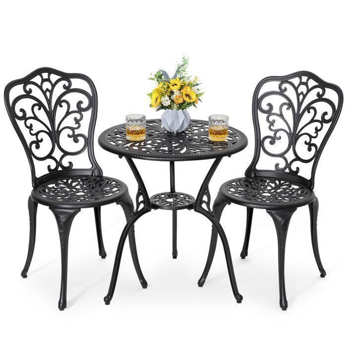 Avestar Ensemble Salon de Jardin 3 Pièces en Aluminium Coulé - Table Bistro avec Trou pour Parasol (Ø 4.5 cm)