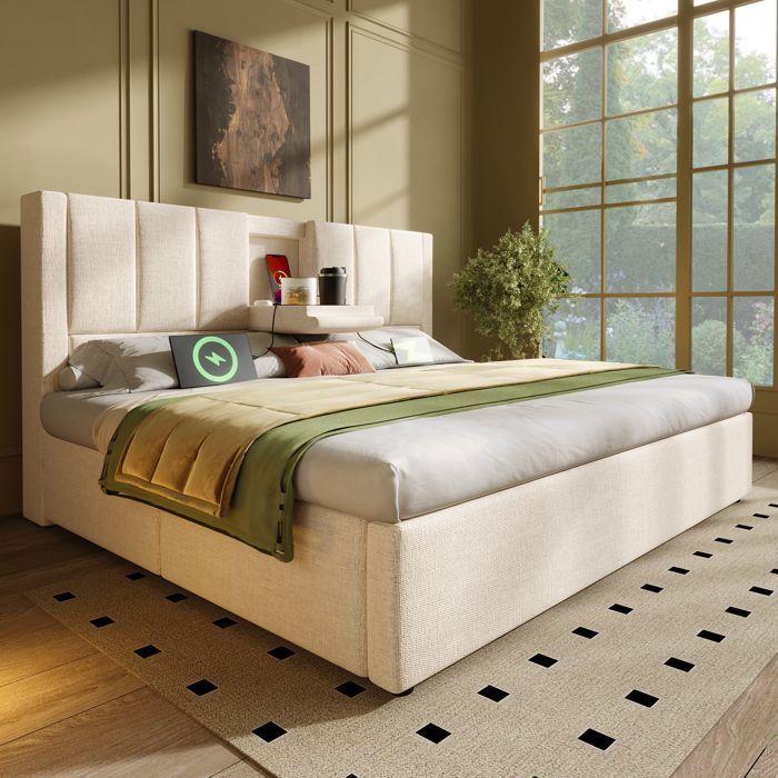 Lit Coffre Rembourré 180x200 cm Porte-Gobelet et Station de Charge Tissu Lin Beige Sans Matelas