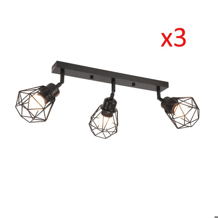 iDEGU Lot de 3 Plafonnier Spots 3 Spots de Plafond Intérieurs Industriel Lampe de Plafond Noir avec Base Rectangulaire 40cm
