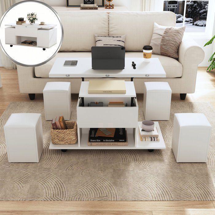 Table Basse Relevable et Extensible Blanc avec 4 Poufs Table de Salon Transformable en Table à Manger avec Rangement et Roulettes