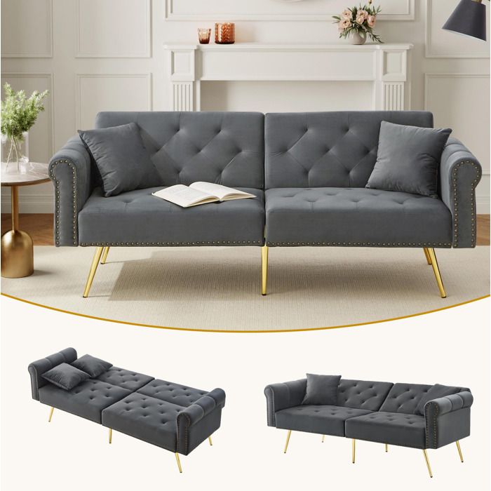 Canapé convertible 2 places. canapé droit salon chambre. dossier réglable. pieds en métal. velours. 173×75×70 cm. gris