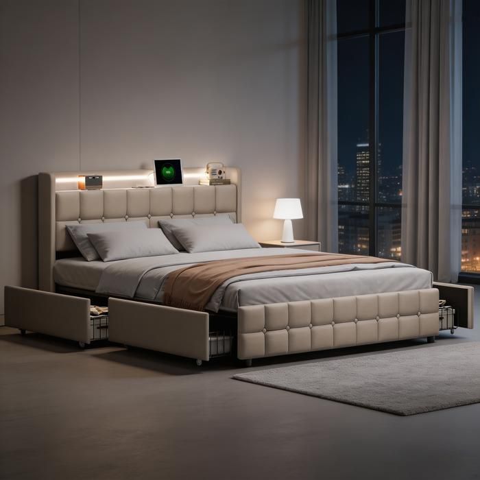 Lit adulte 180x200 cm - Lit double rembourré - Tête de lit avec rangement - LED et Port USB - 4 tiroirs - lin Beige