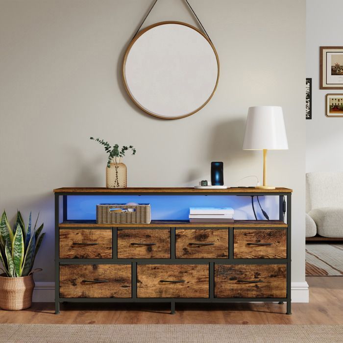 Commode avec LED Réglable et Multiprise 7 Tiroirs en Tissu Style Industriel Chambre Marron et Noir Commode avec LED Réglable et Multiprise 7 Tiroirs en Tissu Style Industriel Chambre Marron et Noir