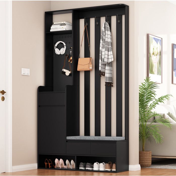 Meuble dentrée -Vestiaire 100x35x180 cm avec banc rembourré. 4 crochets. panneau perforé. rangements MDF noir
