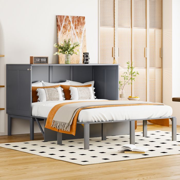 Lit escamotable vertical 140x200 cm avec sommier design armoire gris en bois