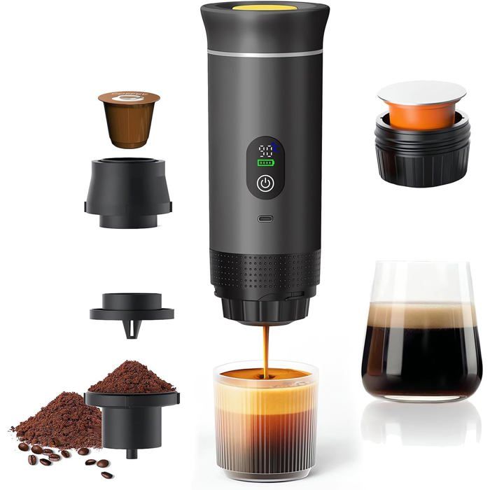 Machine à Café Portable 3 en 1 Expresso - Chauffe Rapide Électrique Rechargeable - Compatible K-Cup et Café Moulu - Jbniuay