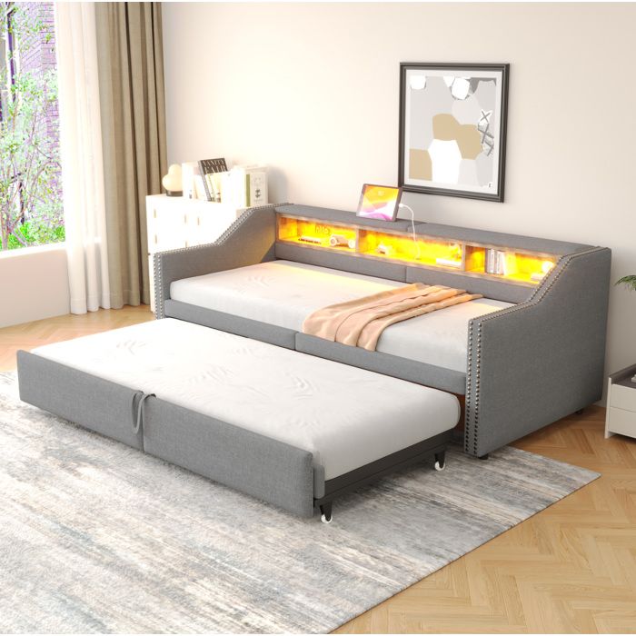 Lit banquette gigogne rembourré gris clair avec rangement latéral LED et USB