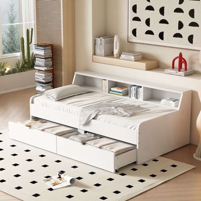 MIVRAY Lit Banquette Lit Simple avec 2 Tiroirs et 3 Niches de Rangement 90×200 cm sans Matelas en Pin Blanc
