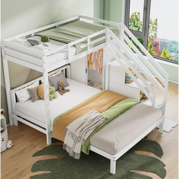 Lit superposé blanc avec armoire escalier de rangement et sommier inclus