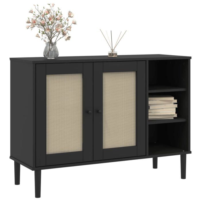 Armoire Vaisselier Durable - Noir - Buffet de cuisine - avec Rangement - SENJA aspect rotin noir 112x40x80cm - Bois massif de pin LH