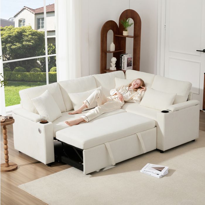 Canapé convertible angle droit 4 places avec coffre ports USB Type-C chenille beige