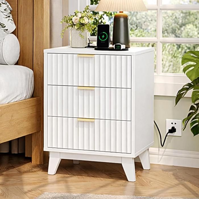 Table de chevet avec Prises CA et Ports USB - ALIGHTUP - 3 tiroir 45 x 30 x 60 cm Blanc