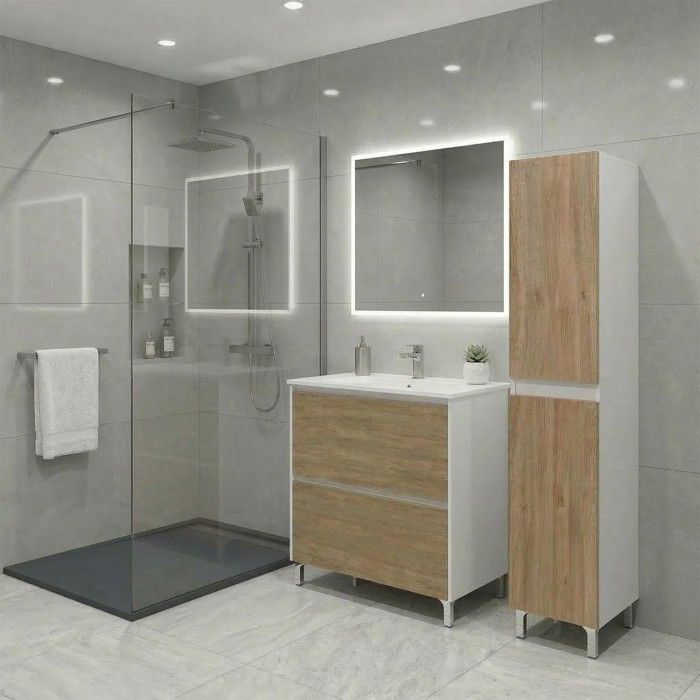 Ensemble meuble vasque L.80cm + 1 colonne sur pied Blanc laqué 2 tiroirs Chêne naturel LISBONA Ensemble meuble vasque L.80cm + 1 colonne sur pied Blanc laqué 2 tiroirs Chêne naturel LISBONA