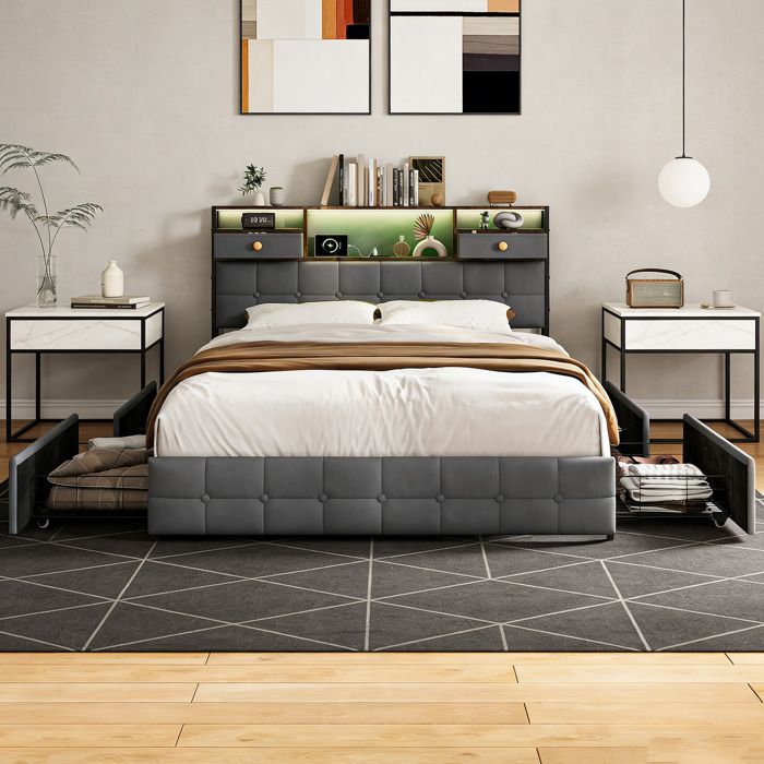 Lit 140x200 cm avec LED et USB cadre de lit double 140x200 lit adulte avec sommier à lattes et 6 tiroirs tissu velours gris