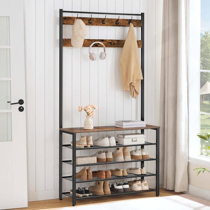 HOOBRO Porte-Manteau Vestiaire Meuble Entrée avec Étagère à Chaussures à 5 Niveaux pour Entrée Industriel Marron Rustique