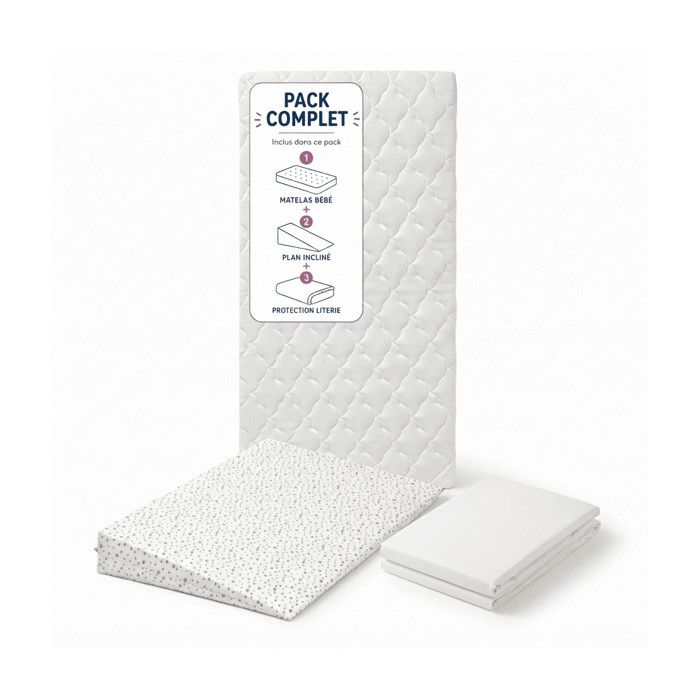 Pack Matelas Bébé 60x120 + Plan Incliné Étoiles Dorées + Protège-Matelas - Déhoussable et Sain Pack Matelas Bébé 60x120 + Plan Incliné Étoiles Dorées + Protège-Matelas - Déhoussable et Sain