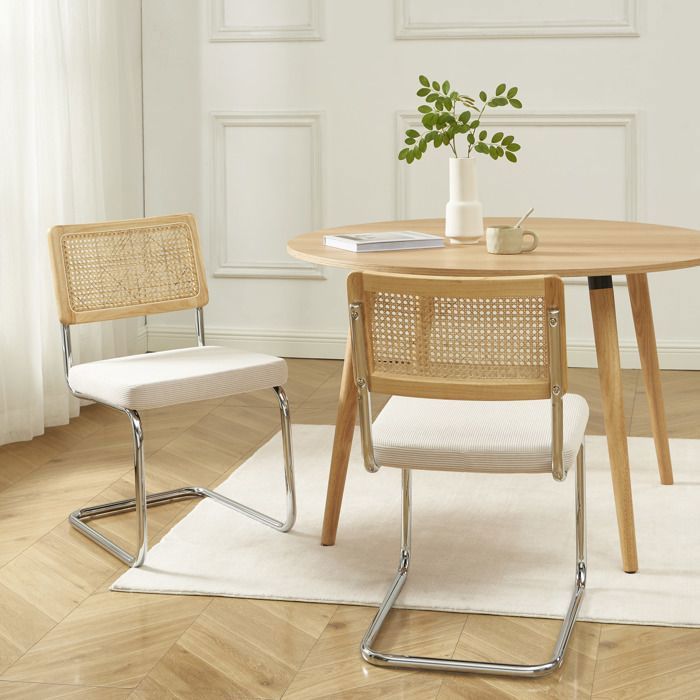 Lot de 2 chaises ELLA cannage et velours côtelé écru pieds métal chromé Lot de 2 chaises ELLA cannage et velours côtelé écru pieds métal chromé
