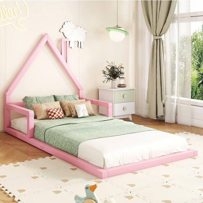 Lit cabane enfant 1 place 90 × 200 cm avec barrière 7 lattes et forme maison sans matelas rose - UVRION