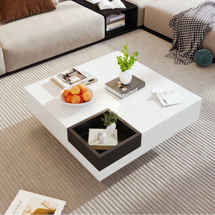 Table basse moderne 72x72x30 cm blanc/noir brillant avec compartiment de rangement amovible et LED