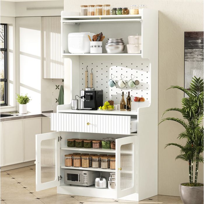 Buffet de cuisine armoire 80x40x180 cm avec LED étagères réglables tiroir et verre nervuré MDF et panneaux blancs