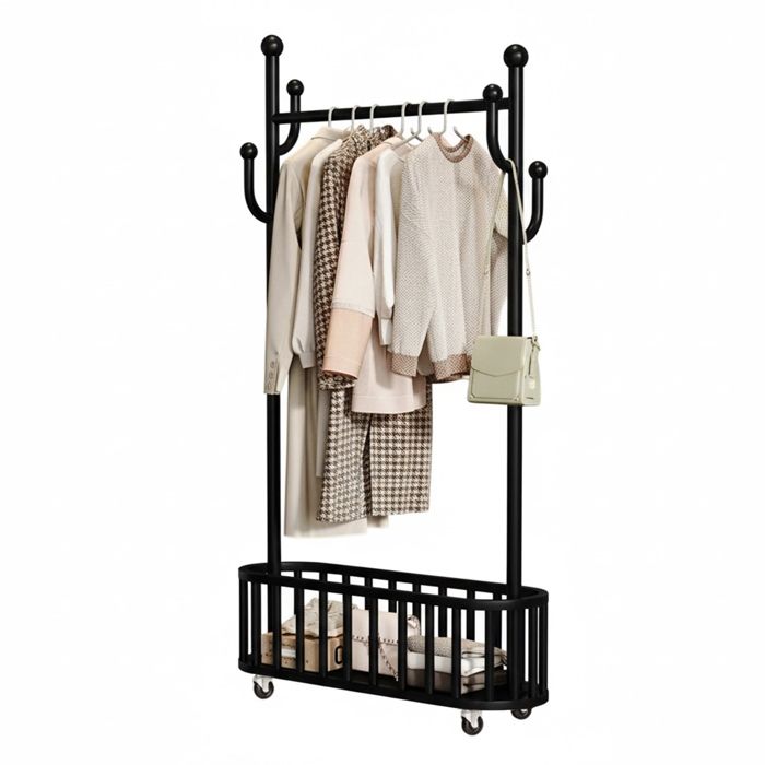 Garvee Portant vêtements métal noir robuste sur roulettes étagère+4 crochets. Pour chambre/entrée/dressing/buanderie. 80 cm