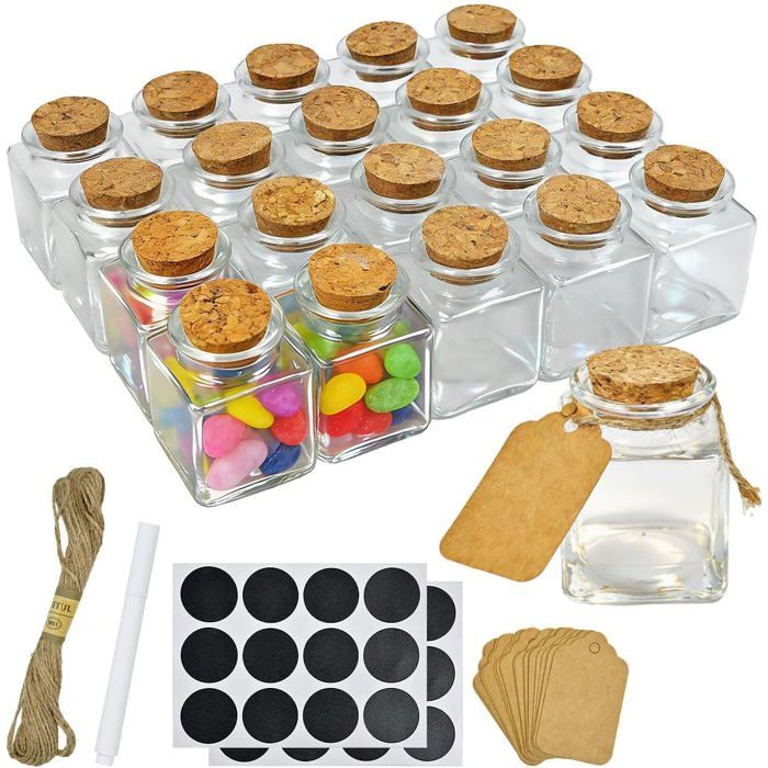 Mini bocaux en verre avec bouchon liège - Lot de 20 pièces - Capacité 50 ml - Forme carrée