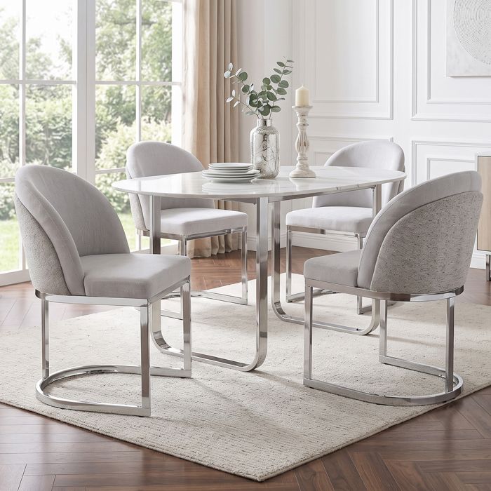 Chaises de salle à manger modernes - Lot de 4 chaises - Gris clair + argent - Tissu chenille - Pieds galvanisés argentés