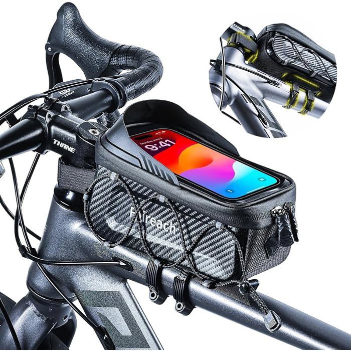 Sacoche Velo Guidon Cadre avec Sangle Décrochage Rapide Écran Tactile 6.8 1.25L Support Filet éstique téral Noir